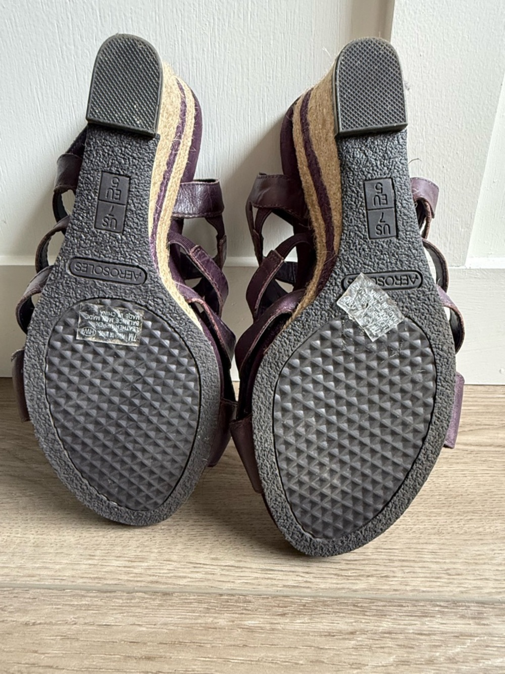 AEROSOLES Plum Leather Espadrille Wedge Sandals - Picture 7 of 8
